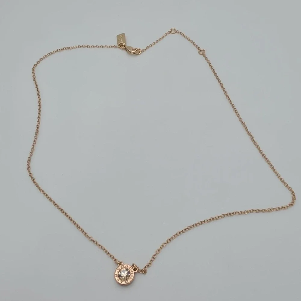 Vtg COACH Necklace Open Circle Crystal Pendant Rose Gold Plate‎ Round Link 18